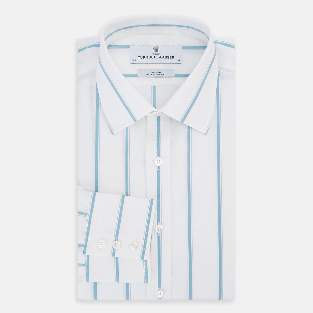 The Turnbull & Asser Turquoise Track Stripe Mayfair Shirt is crafted from Italian cotton with long sleeves, turquoise vertical stripes, a classic collar, and buttoned cuffs, displayed on a plain white background.