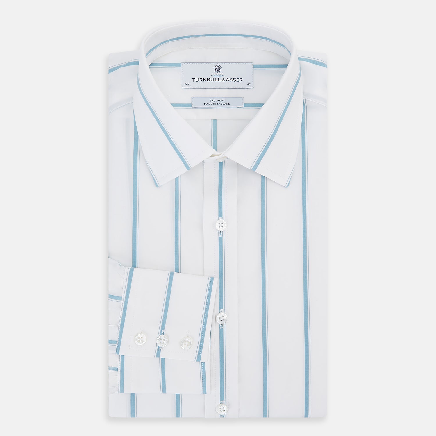 View 5 of product The Turnbull & Asser Turquoise Track Stripe Mayfair Shirt is crafted from Italian cotton with long sleeves, turquoise vertical stripes, a classic collar, and buttoned cuffs, displayed on a plain white background.