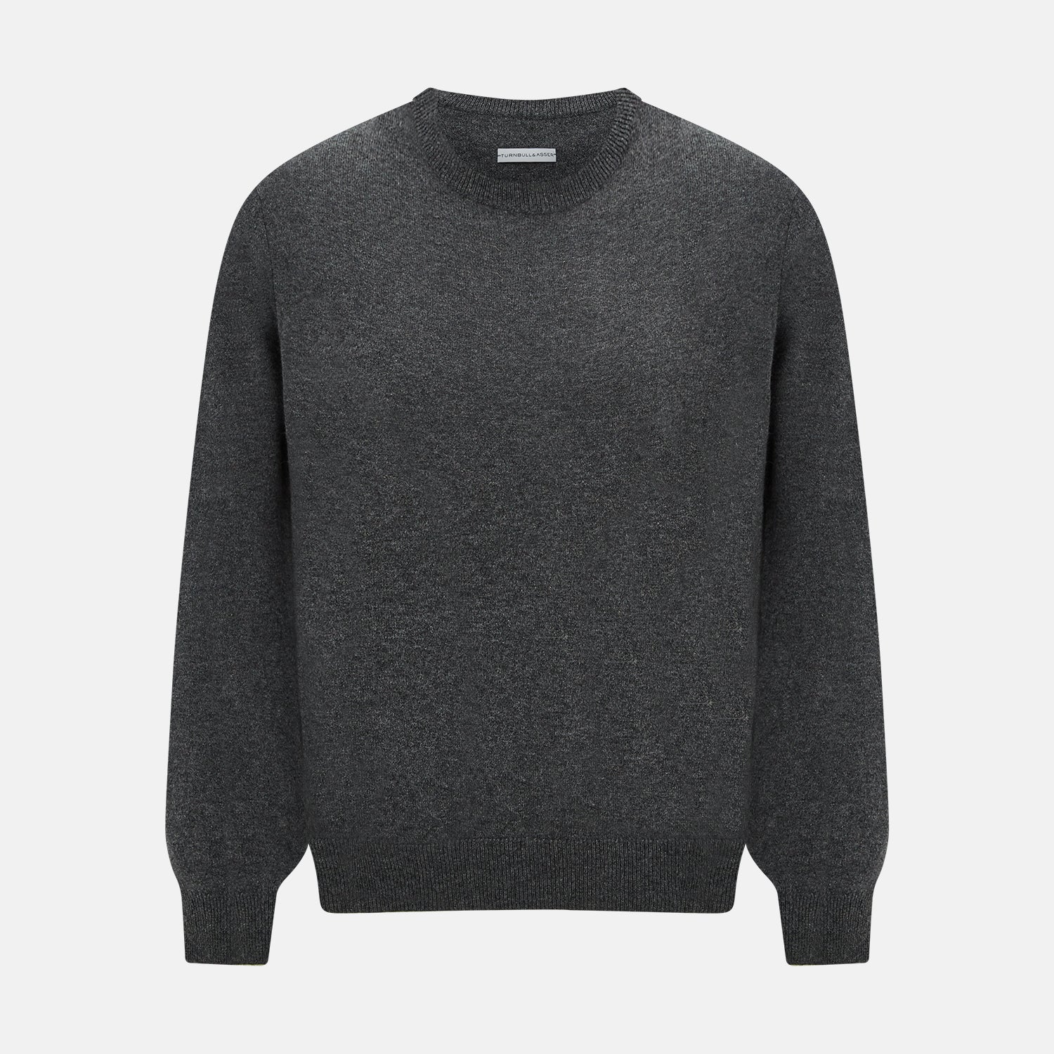 View 1 of product The Turnbull & Asser Charcoal Grey Cashmere Round Neck Jumper features a crew neck, long sleeves, and ribbed cuffs, collar, and hem—an essential piece of men’s knitwear displayed on a white background.