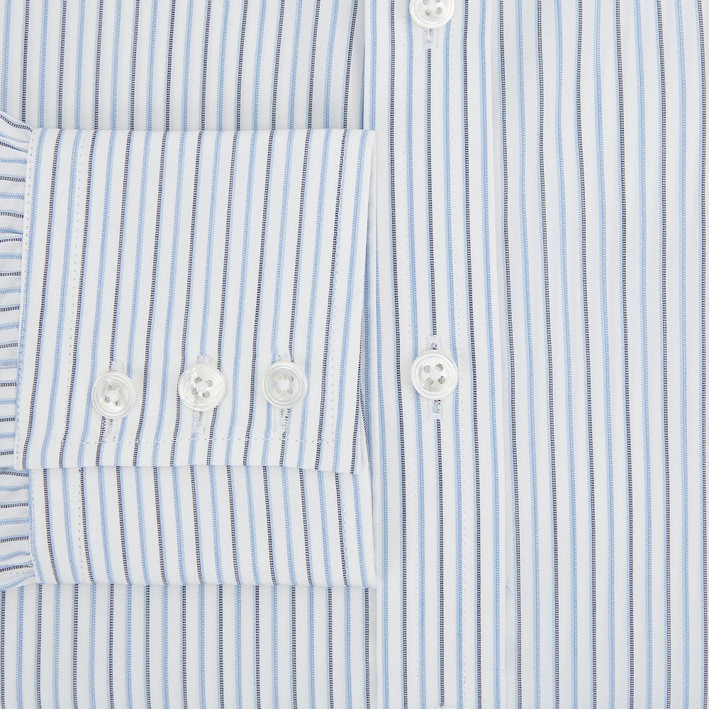 The Turnbull & Asser Navy and Blue Shadow Stripe Mayfair Shirt, featuring a classic T&A collar and buttoned cuffs, is laid flat on a white background.