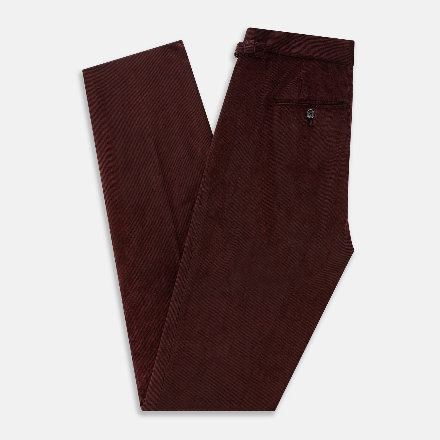 View 6 of product The Turnbull & Asser Burgundy Corduroy Henry Trousers feature a straight-leg cut, button and zip closure, and adjustable side tabs—perfect for refined formalwear—shown here on a plain white background.
