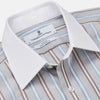 View 2 of product Turnbull & Asser's Beige Multi Stripe Cotton Regular Fit Penrose Shirt features blue, beige, and white vertical stripes with a crisp white collar and cuffs. Displayed on a plain background.