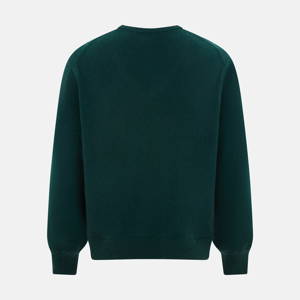 The Turnbull & Asser Forest Green Cashmere V-neck Jumper features ribbed cuffs and hem, shown against a white background—an essential knitwear staple for any wardrobe.