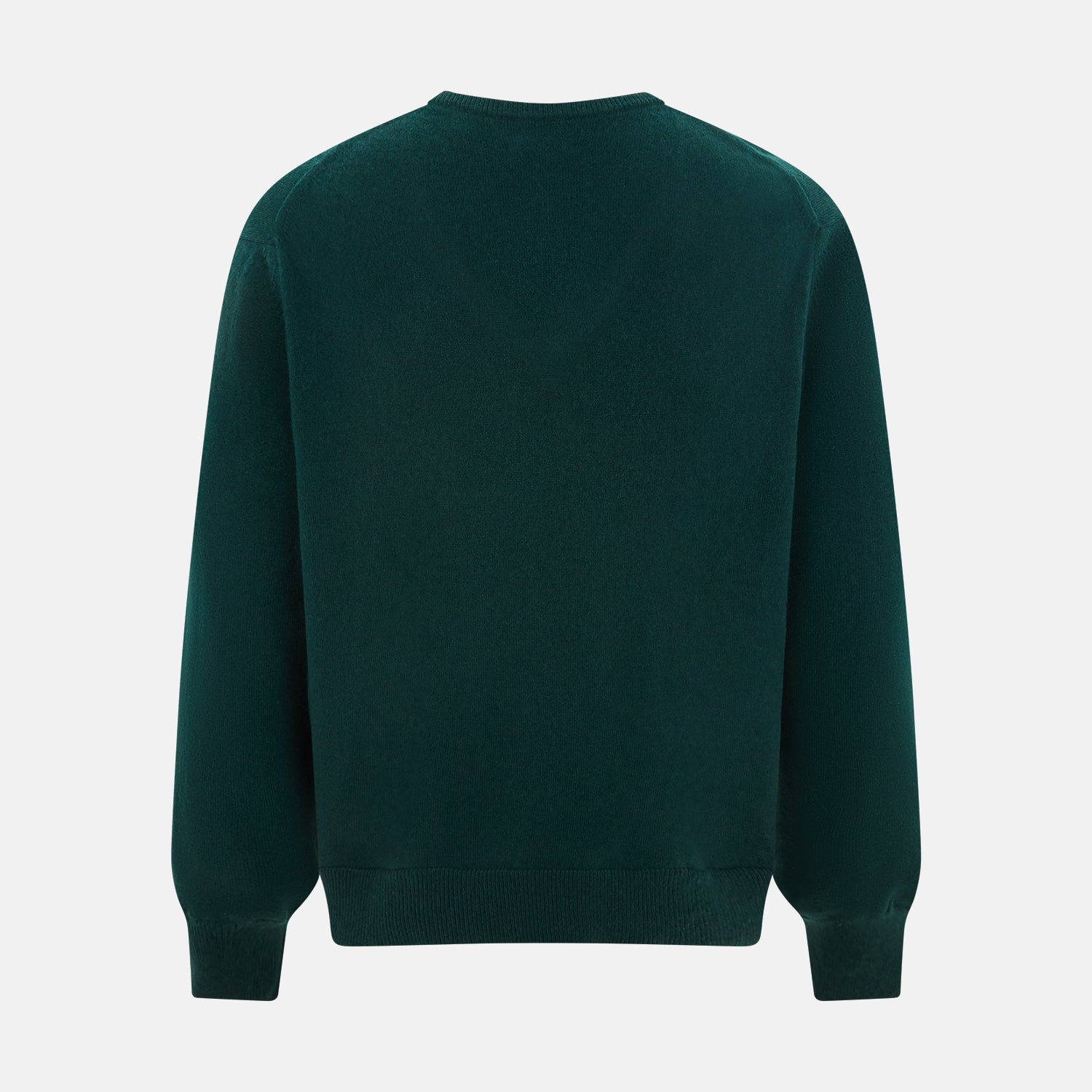 View 3 of product The Turnbull & Asser Forest Green Cashmere V-neck Jumper features ribbed cuffs and hem, shown against a white background—an essential knitwear staple for any wardrobe.