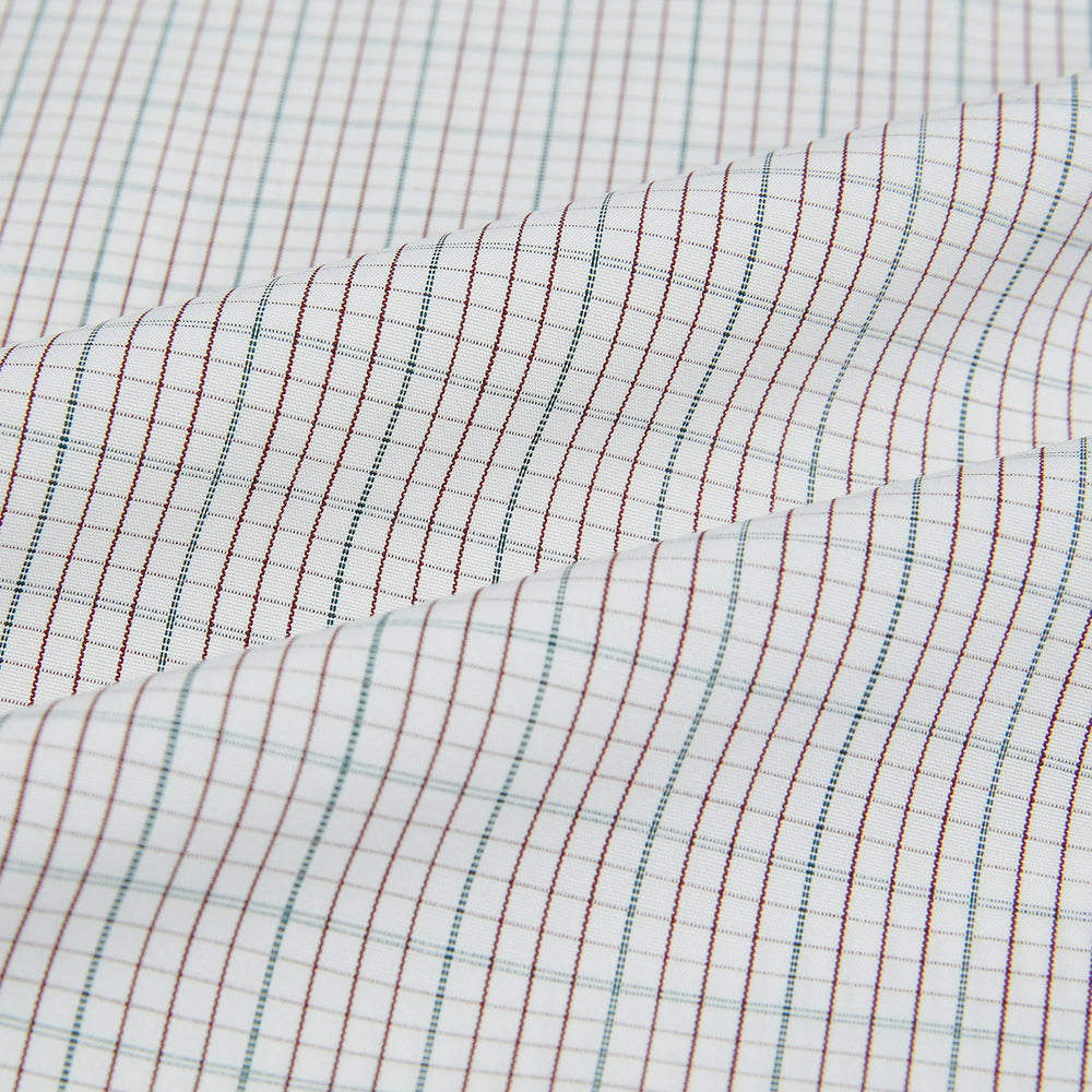 A long-sleeved, button-down BURGUNDY AND GREEN DOUBLE GRID CHECK WESTMINSTER SHIRT by Turnbull & Asser, featuring a classic collar and elegant check pattern—an outstanding piece of British craftsmanship.