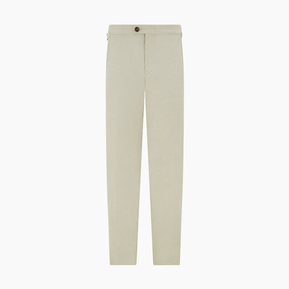 Turnbull & Asser Taupe Cotton Blend Henry Trousers with a straight-leg formal cut, button and zipper closure, belt loops, and side pockets, shown against a plain white background.