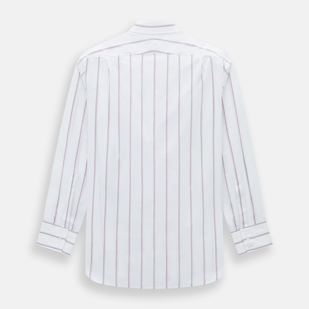 The Turnbull & Asser Antique Pink Track Stripe Mayfair Shirt is a white, long-sleeved Italian cotton shirt with vertical pink stripes, a spread collar, and buttoned cuffs, shown laid flat on a white background.