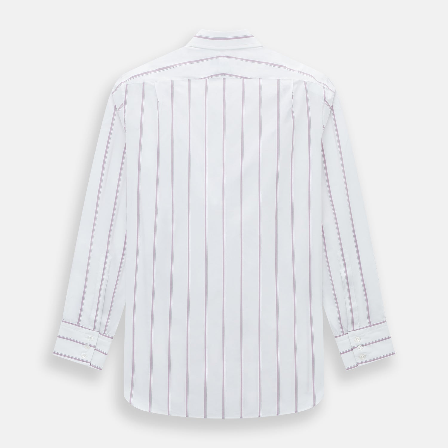 View 3 of product The Turnbull & Asser Antique Pink Track Stripe Mayfair Shirt is a white, long-sleeved Italian cotton shirt with vertical pink stripes, a spread collar, and buttoned cuffs, shown laid flat on a white background.