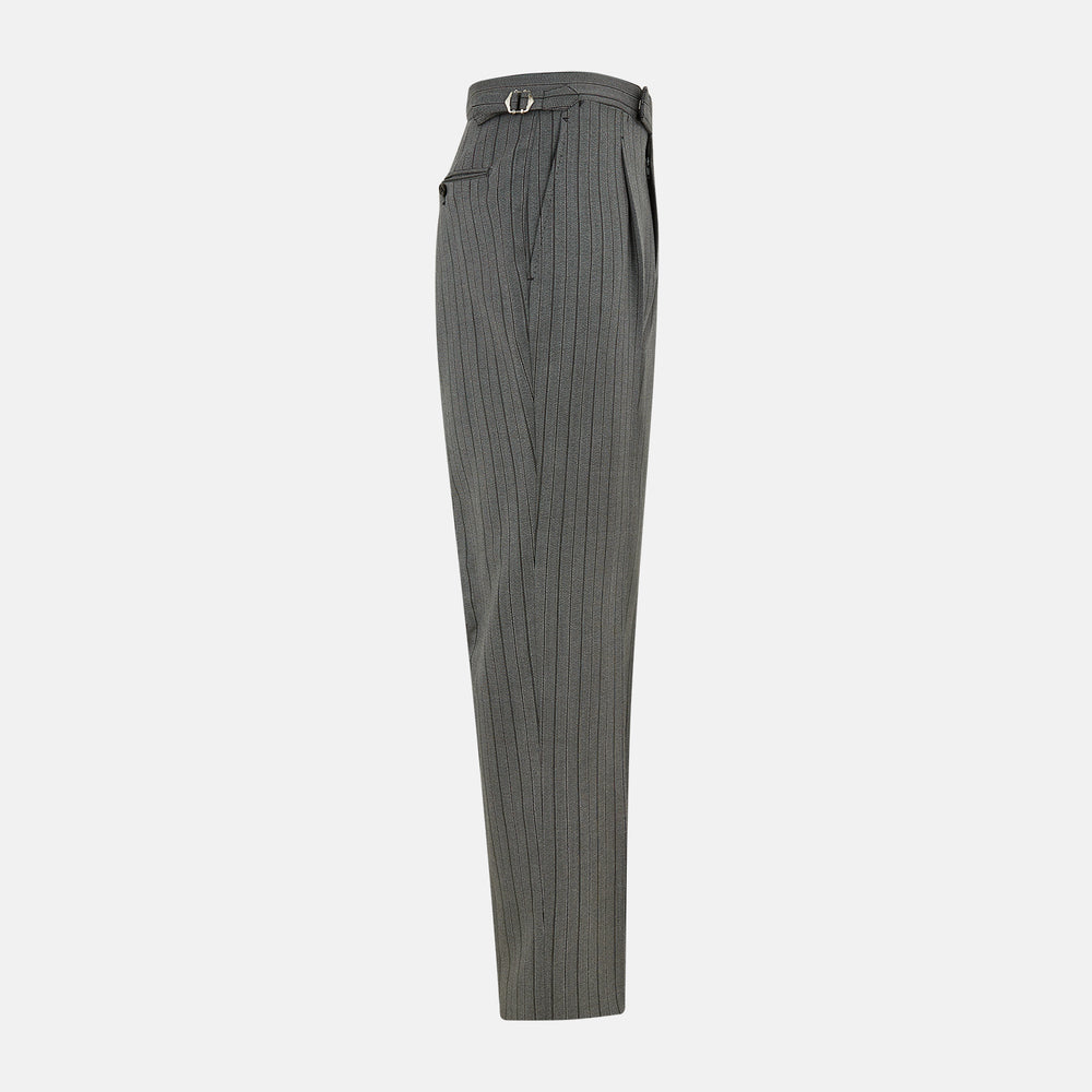 The Grey Multi Pinstripe Morning Dress Trousers by Turnbull & Asser feature a tailored fit, vertical black pinstripes, and a flat front design—ideal for formal wear. Shown against a plain white background.