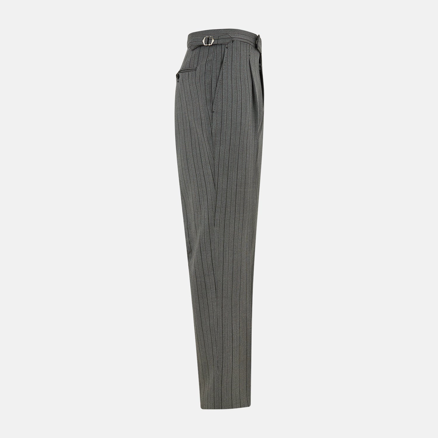 View 4 of product The Grey Multi Pinstripe Morning Dress Trousers by Turnbull & Asser feature a tailored fit, vertical black pinstripes, and a flat front design—ideal for formal wear. Shown against a plain white background.