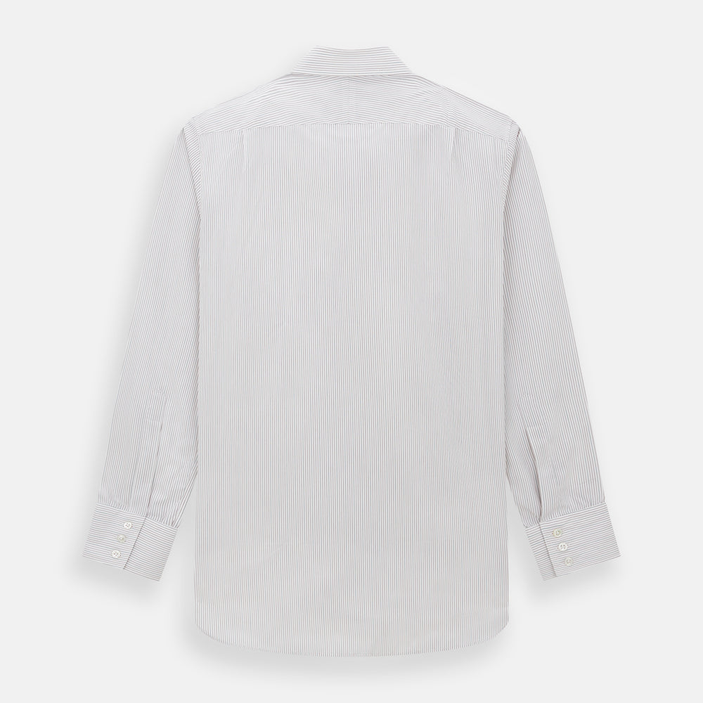 The Turnbull & Asser Burgundy Multi Hairline Stripe Mayfair Shirt features long sleeves, a classic collar, buttoned cuffs, and slim vertical stripes—ideal for formal wear and shown against a plain white background.