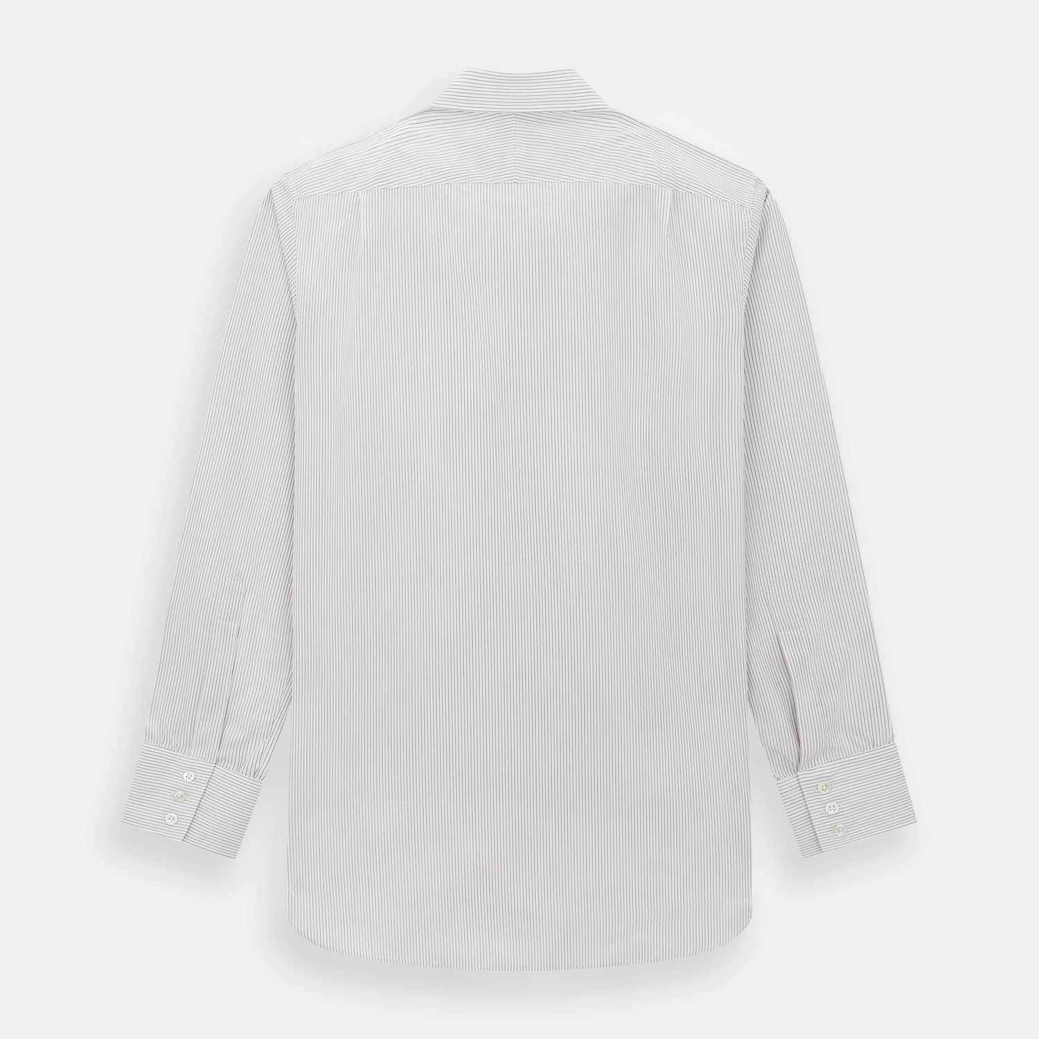 View 3 of product The Turnbull & Asser Burgundy Multi Hairline Stripe Mayfair Shirt features long sleeves, a classic collar, buttoned cuffs, and slim vertical stripes—ideal for formal wear and shown against a plain white background.