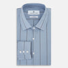 View 5 of product The Steel Blue Track Stripe Westminster Shirt by Turnbull & Asser features dark pinstripes, a classic collar, white buttons, and buttoned cuffs—expertly crafted to highlight British craftsmanship. Laid flat on white background.
