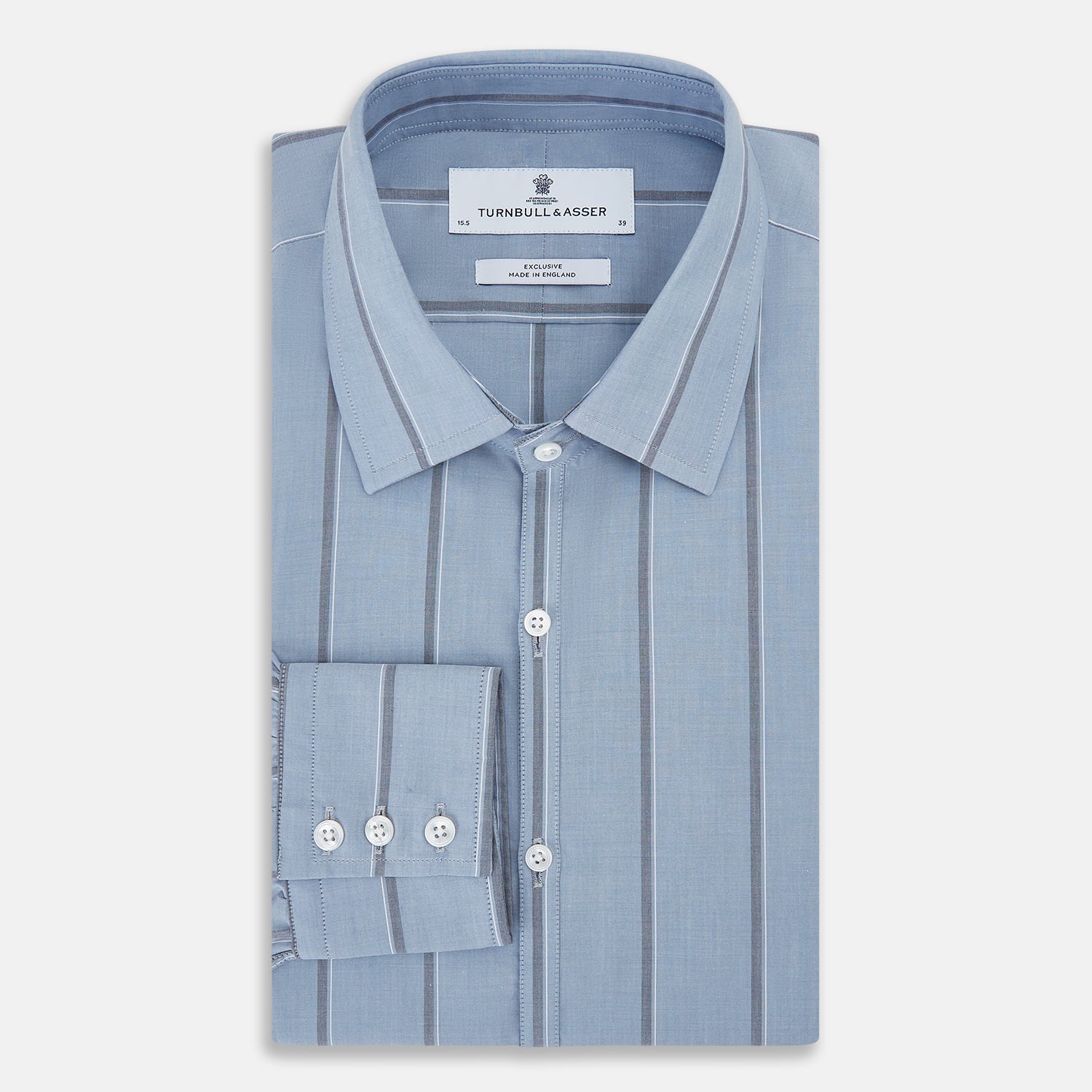 View 5 of product The Steel Blue Track Stripe Westminster Shirt by Turnbull & Asser features dark pinstripes, a classic collar, white buttons, and buttoned cuffs—expertly crafted to highlight British craftsmanship. Laid flat on white background.