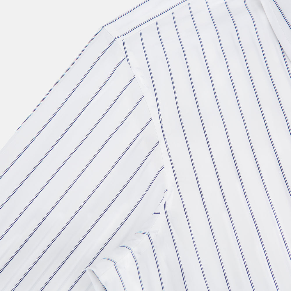The Dark Navy Double-Pinstripe Westminster Shirt by Turnbull & Asser, featuring a Turnbull collar and cuffed sleeves, is displayed laid flat on a plain white background, highlighting its British craftsmanship.