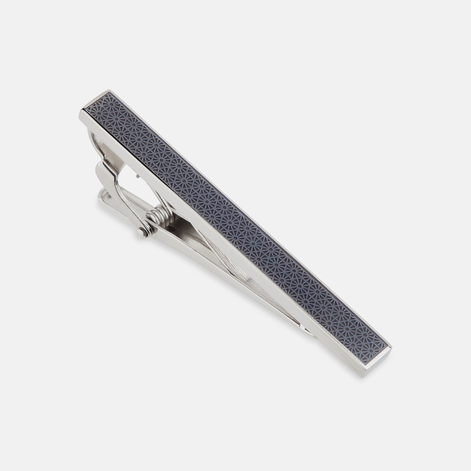 View 1 of product The Turnbull & Asser Navy Patterned Tie Bar, crafted in sterling silver with a geometric navy design, is shown on a plain white background.