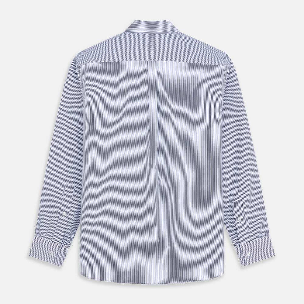 The Turnbull & Asser Blue Multi Stripe Cotton RE-PURPOSE Weekend Fit Finch Shirt features thin blue and white stripes, a contrasting light blue checkered chest pocket, and is crafted sustainably using recycled fabrics.