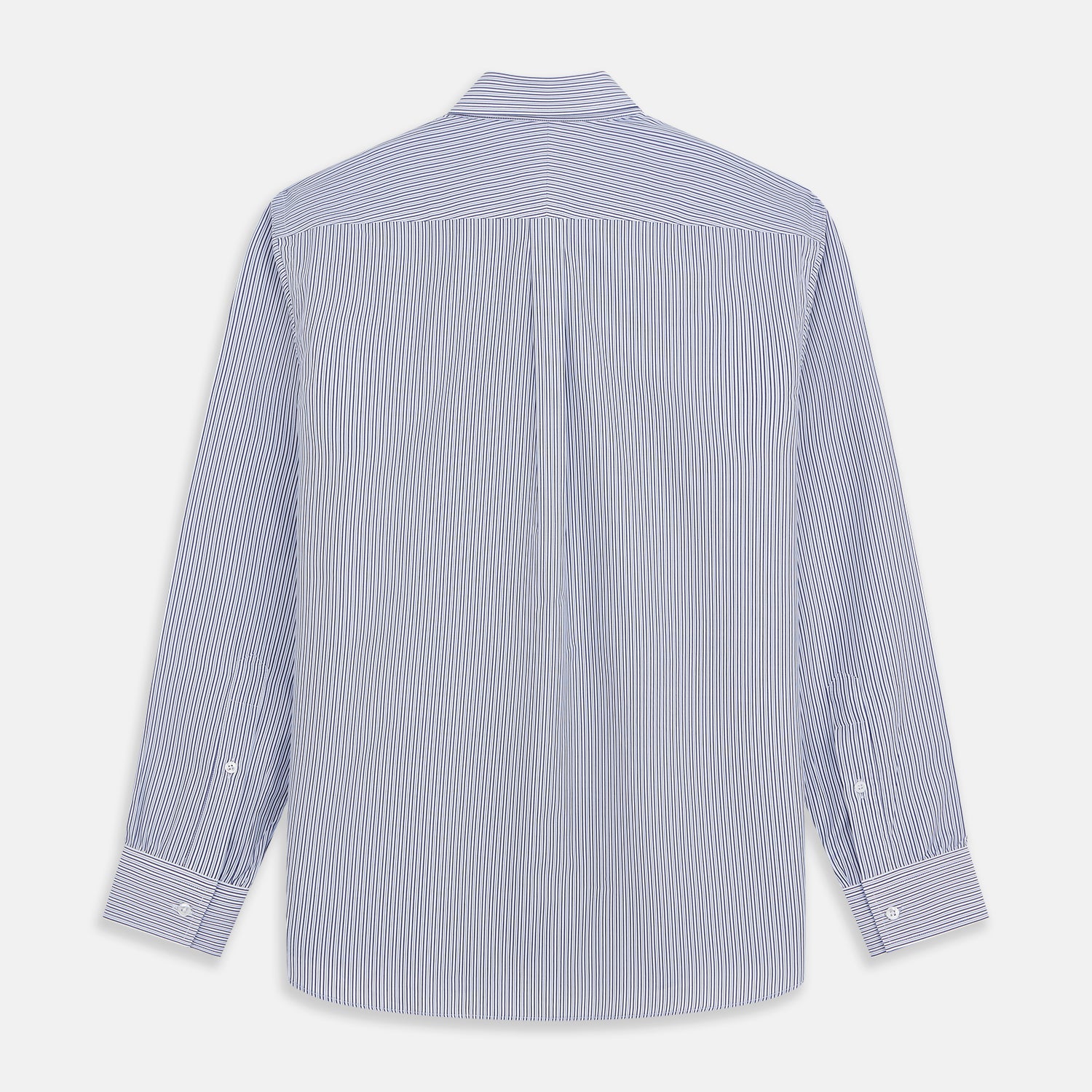 View 5 of product The Turnbull & Asser Blue Multi Stripe Cotton RE-PURPOSE Weekend Fit Finch Shirt features thin blue and white stripes, a contrasting light blue checkered chest pocket, and is crafted sustainably using recycled fabrics.