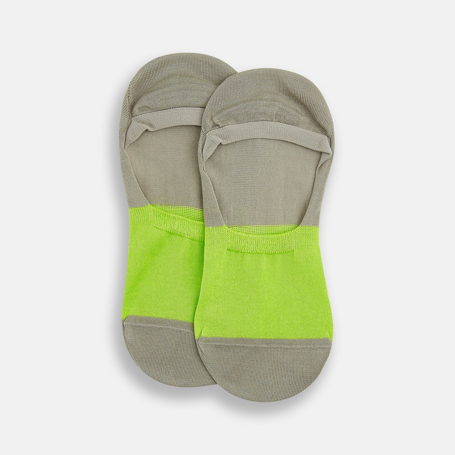 View 2 of product The Turnbull & Asser Vanilla No-Show Socks are shown on a white background, featuring a bright green toe and front, with the rest of the cotton sock in light grayish-brown.
