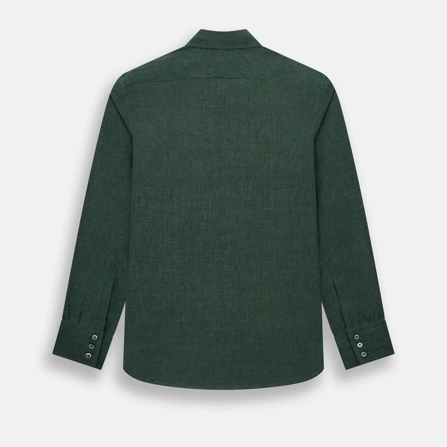 View 3 of product The Forest Green Linen Westminster Shirt by Turnbull & Asser features long sleeves, a Turnbull collar, and a button-up design, shown laid flat on a white background.
