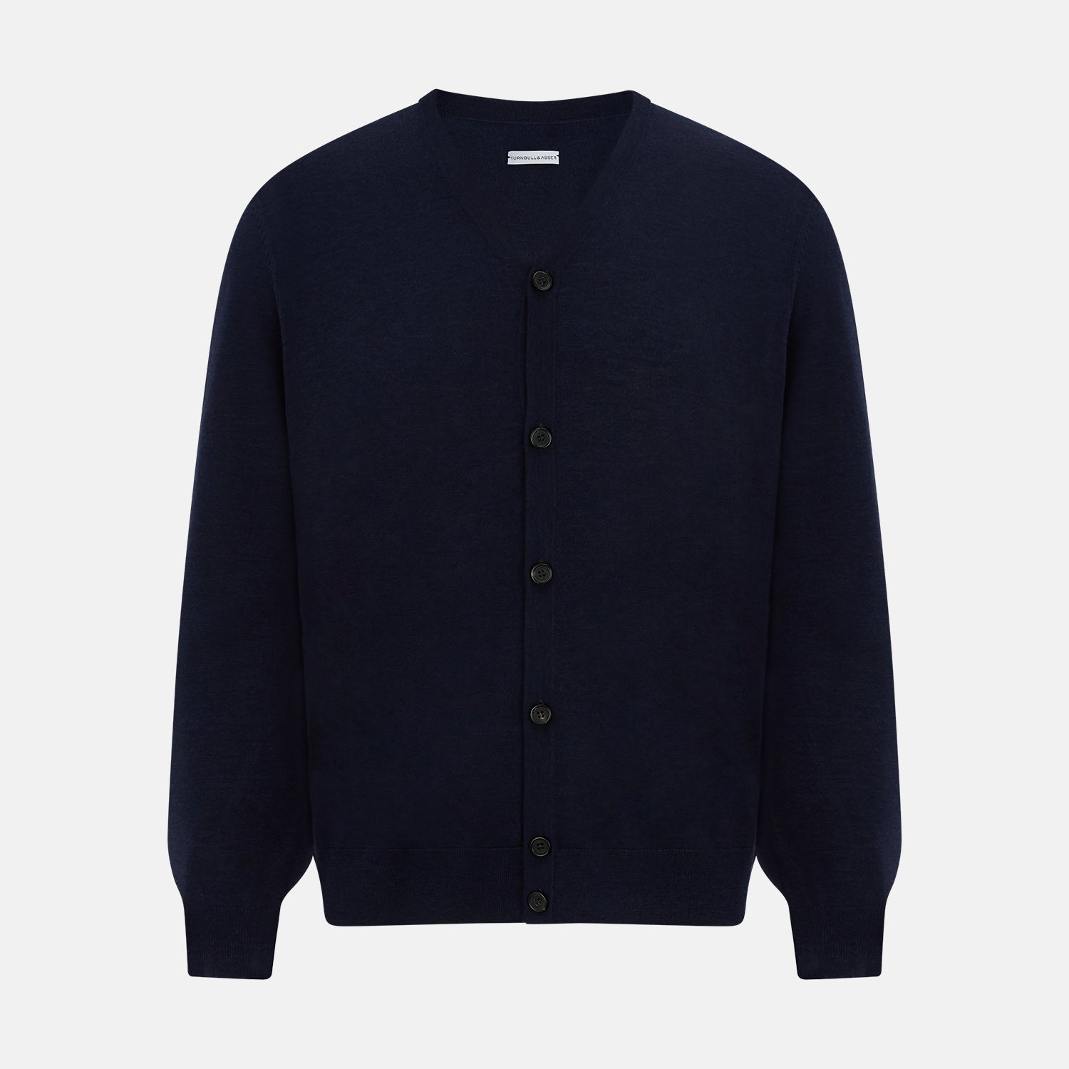 View 1 of product The Turnbull & Asser Navy Fine Merino V-Neck Cardigan features long sleeves, ribbed cuffs and hem, and is crafted from premium yarn for comfort and style, shown on a white background.
