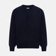 The Turnbull & Asser Navy Fine Merino V-Neck Cardigan features long sleeves, ribbed cuffs and hem, and is crafted from premium yarn for comfort and style, shown on a white background.