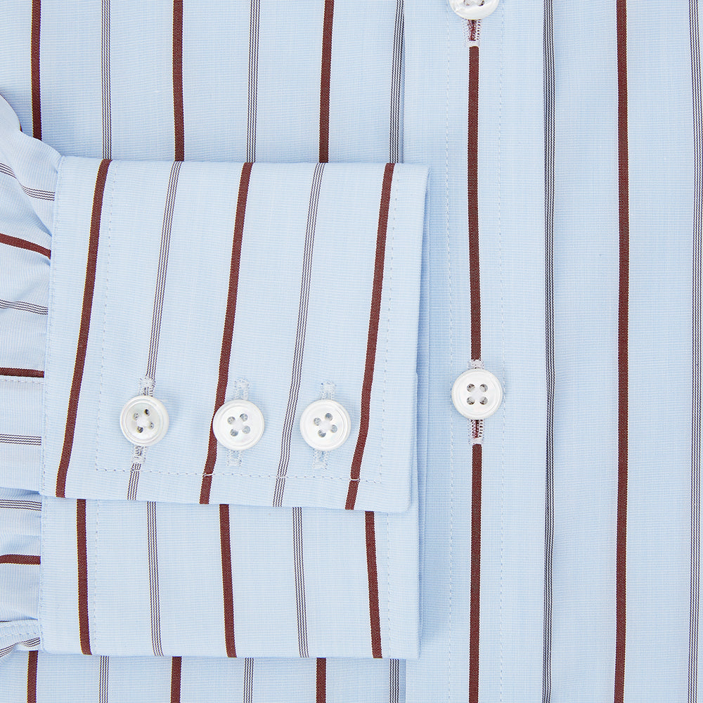 The Turnbull & Asser Burgundy Wide Pinstripe Mayfair Shirt features a collared, long-sleeve design with bold vertical stripes, crafted in the refined Mayfair fit and displayed on a plain white background.