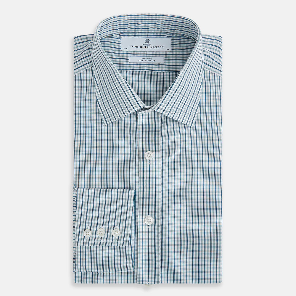 The Turnbull & Asser Light Petrol Micro Tattersall Check Mayfair Shirt features long sleeves, a classic collar, buttoned cuffs, and is crafted from Italian cotton in a refined blue and white check pattern.