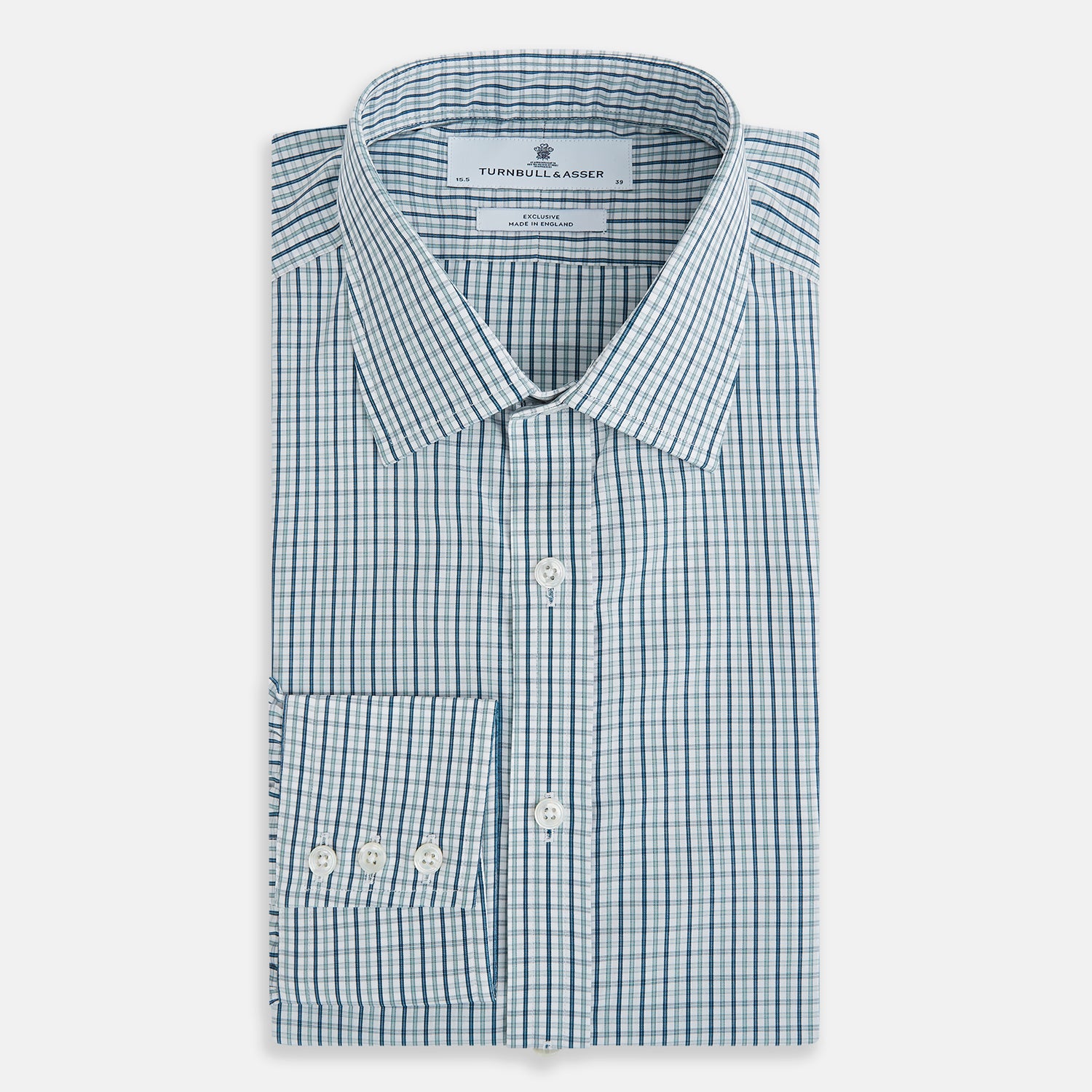 View 5 of product The Turnbull & Asser Light Petrol Micro Tattersall Check Mayfair Shirt features long sleeves, a classic collar, buttoned cuffs, and is crafted from Italian cotton in a refined blue and white check pattern.