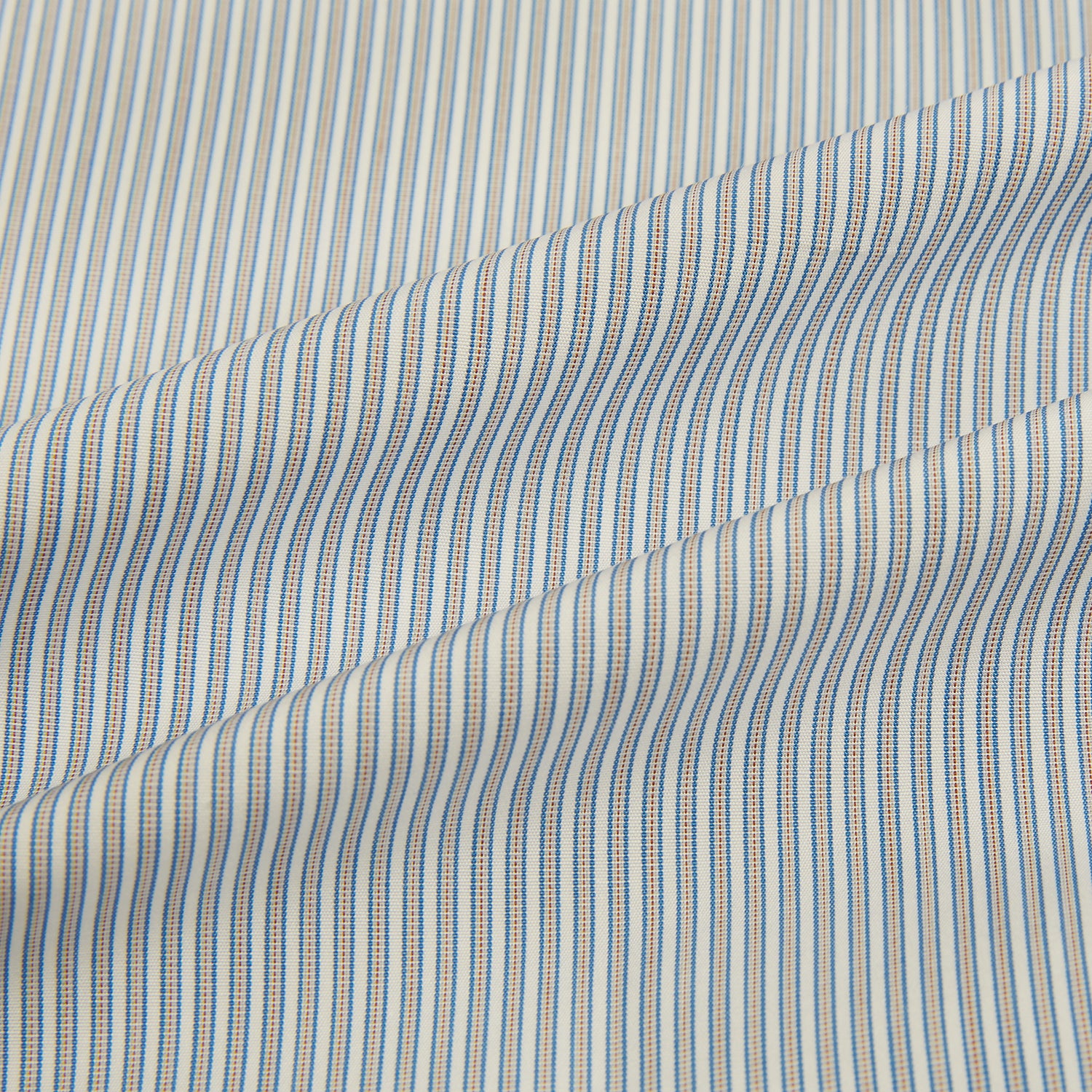 View 6 of product The Blue and Brown Ticking Stripe Mayfair Shirt by Turnbull & Asser, crafted from premium Italian cotton with a collar, white buttons, and buttoned cuffs, is an essential addition to any gentleman's wardrobe.