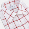 View 2 of product The Turnbull & Asser Dark Red Grid Check Mayfair Shirt is a long-sleeve white shirt made from Italian cotton, featuring a bold dark red grid pattern, button-down front, and classic collar, shown laid flat on a white background.