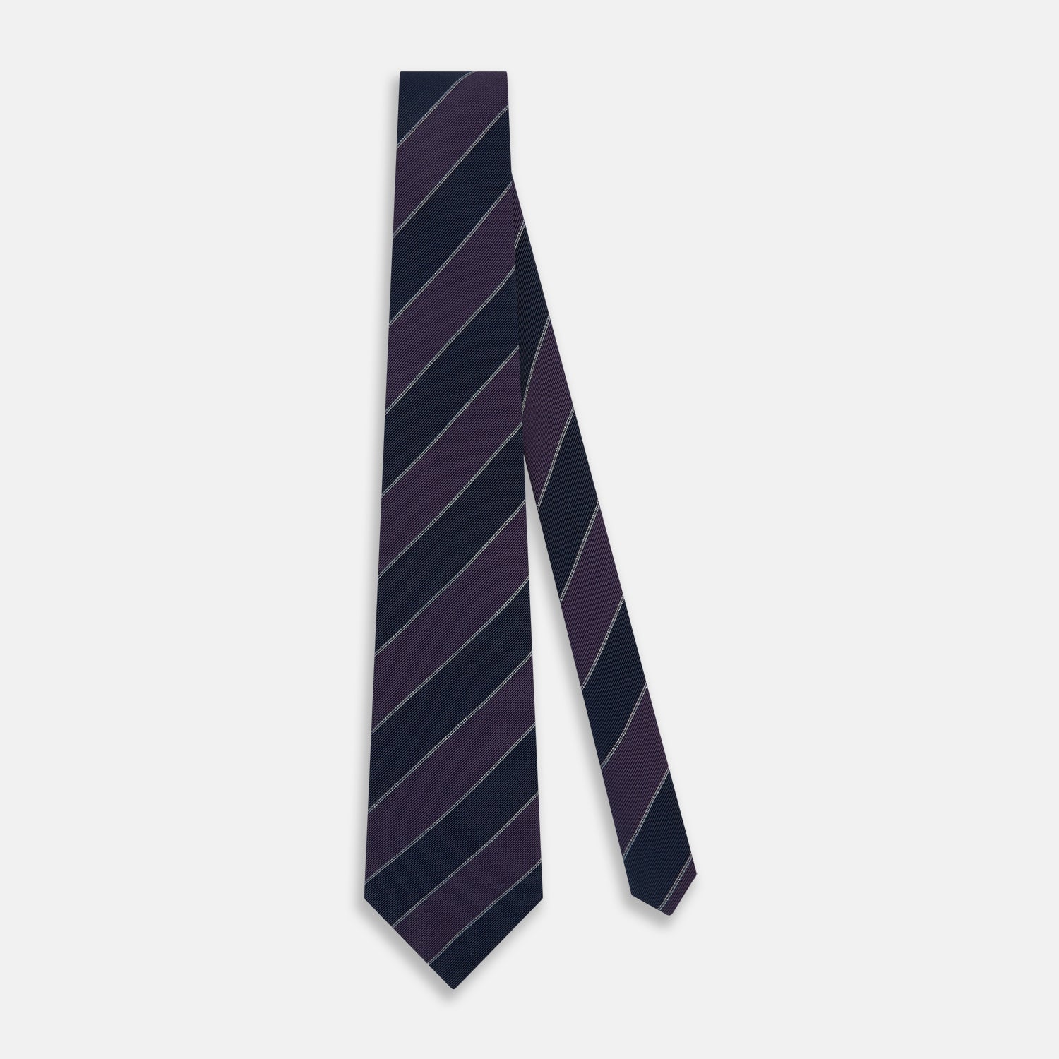 View 2 of product The Turnbull & Asser Purple And Navy Block Stripe Silk Blend Tie features dark navy and deep purple stripes with thin light gray lines, making it a refined formal accessory. Displayed on a white background.