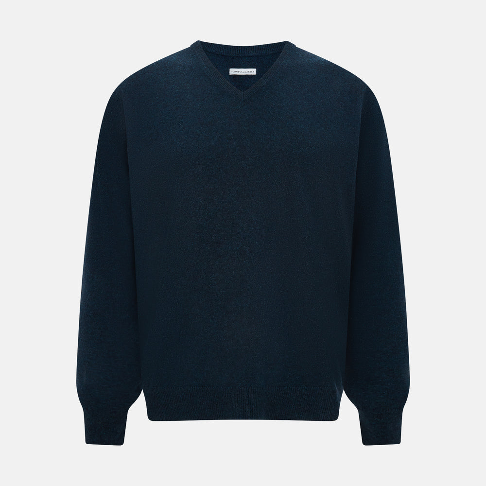 The Turnbull & Asser Dark Green Melange Cashmere V-neck Jumper features long sleeves, ribbed cuffs and hem—an essential piece of classic knitwear displayed on a white background.