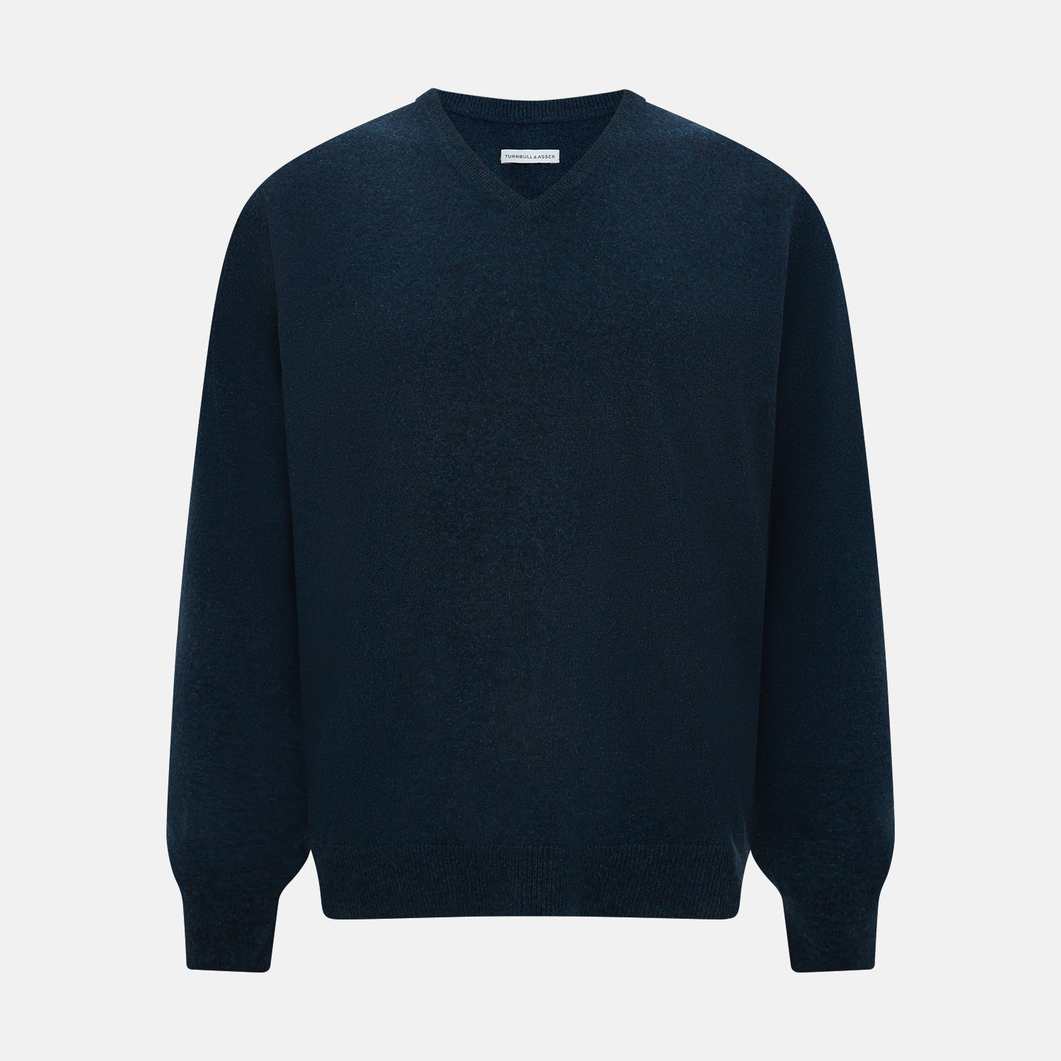 View 1 of product The Turnbull & Asser Dark Green Melange Cashmere V-neck Jumper features long sleeves, ribbed cuffs and hem—an essential piece of classic knitwear displayed on a white background.