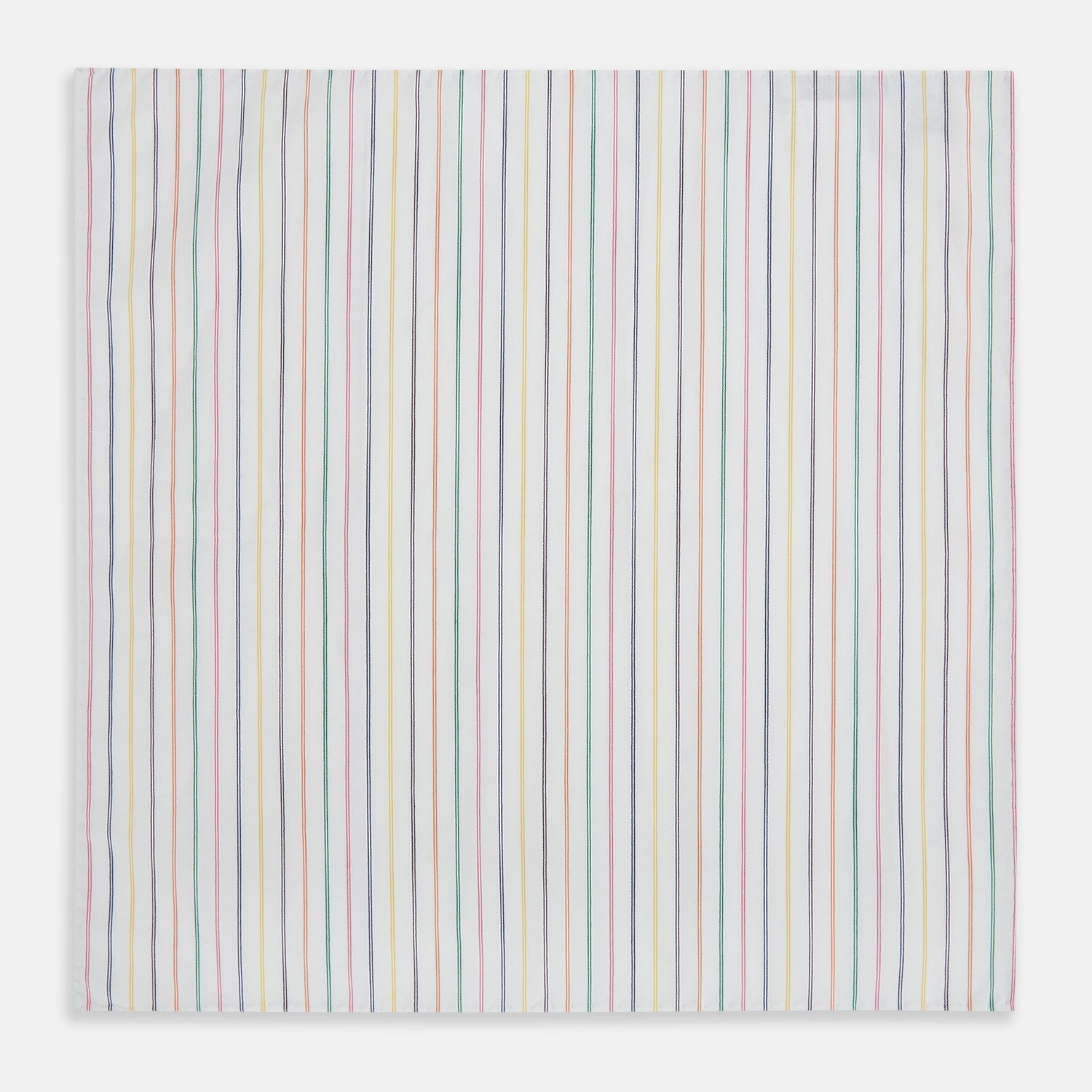 View 1 of product Turnbull & Asser’s Rainbow Double Pinstripe Hand-Rolled Handkerchief features a white square design with slim red, blue, green, and yellow stripes and refined hand-rolled edges.