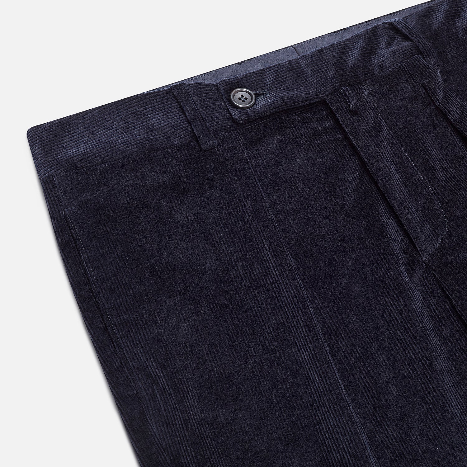 View 2 of product Turnbull & Asser’s Navy Corduroy Edward Trousers feature a straight-leg cut, button closure, and side pockets, shown on a plain white background.
