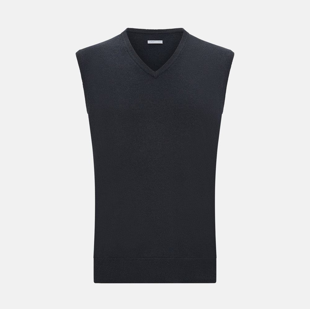 The Turnbull & Asser Dark Green Melange Cashmere V-Neck Vest features a sleeveless design and ribbed hem, offering a refined look, showcased on a plain white background.