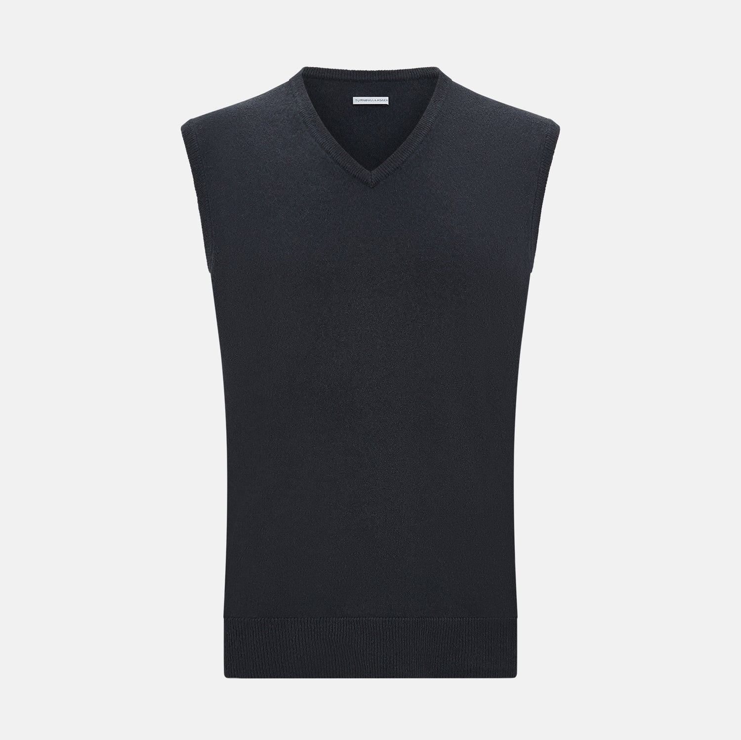View 1 of product The Turnbull & Asser Dark Green Melange Cashmere V-Neck Vest features a sleeveless design and ribbed hem, offering a refined look, showcased on a plain white background.