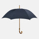 The Turnbull & Asser Navy Umbrella with Whangee Crook Handle is fully open, displaying its dark blue canopy and wooden curved handle against a plain white background.