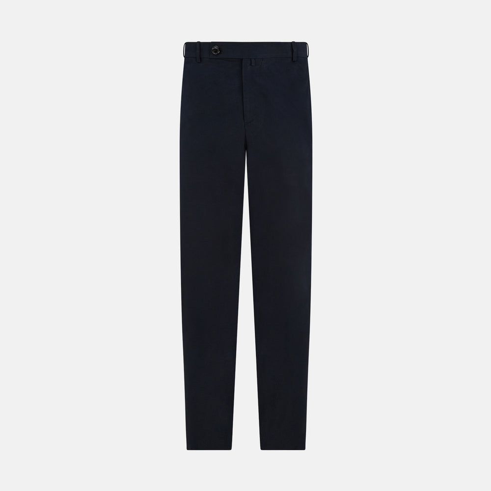 Turnbull & Asser’s Midnight Blue Winston Trousers, in high-twist cotton with belt loops and a button closure, are shown flat against a plain white background.