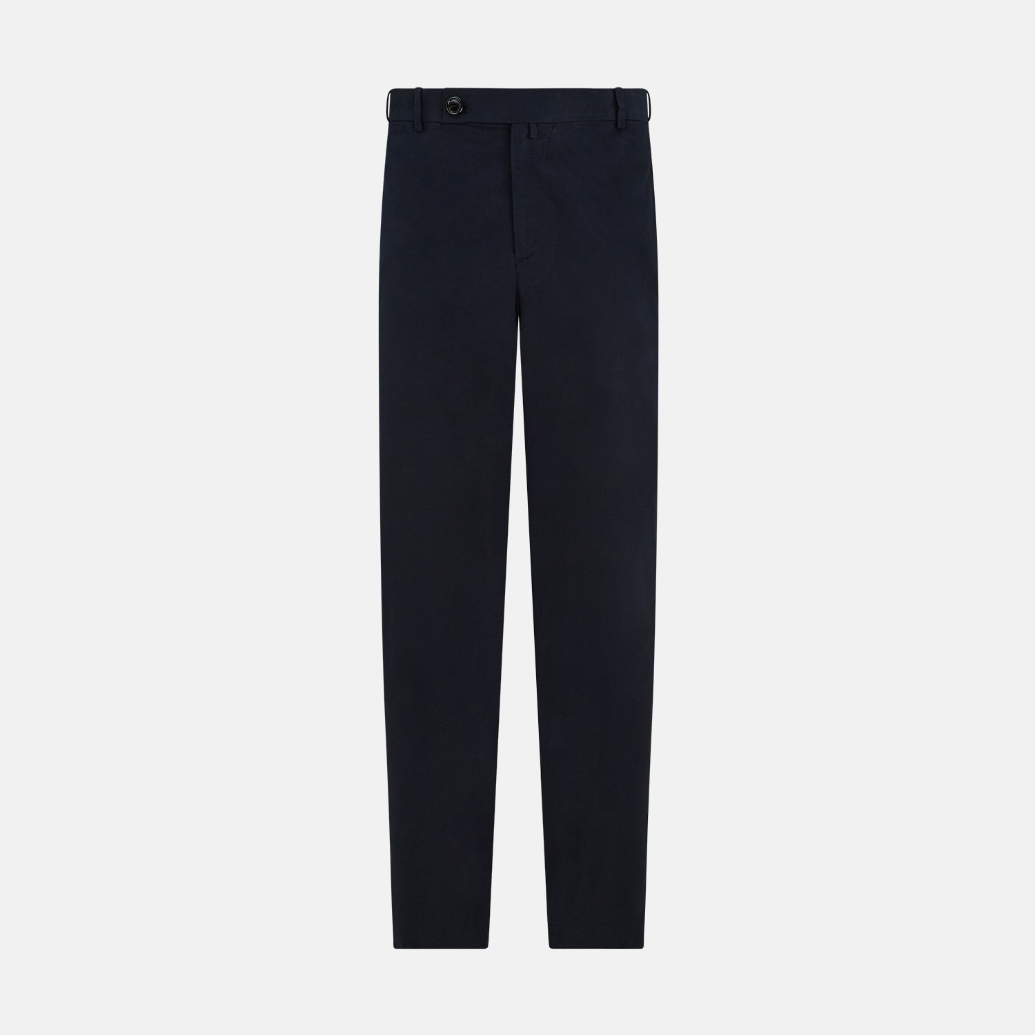 View 9 of product Turnbull & Asser’s Midnight Blue Winston Trousers, in high-twist cotton with belt loops and a button closure, are shown flat against a plain white background.