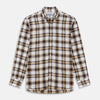 View 1 of product The Turnbull & Asser Brown Multi Check Linen Weekend Fit Hayne Shirt is a long-sleeve, button-up with a Dorset collar and buttoned cuffs, shown flat on a white background. It features a classic plaid pattern.