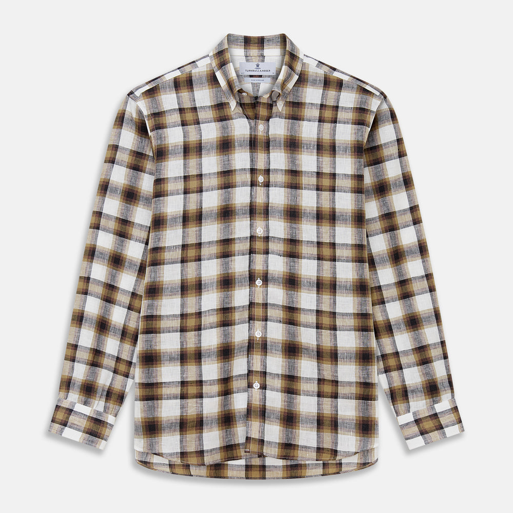 The Turnbull & Asser Brown Multi Check Linen Weekend Fit Hayne Shirt is a long-sleeve, button-up with a Dorset collar and buttoned cuffs, shown flat on a white background. It features a classic plaid pattern.