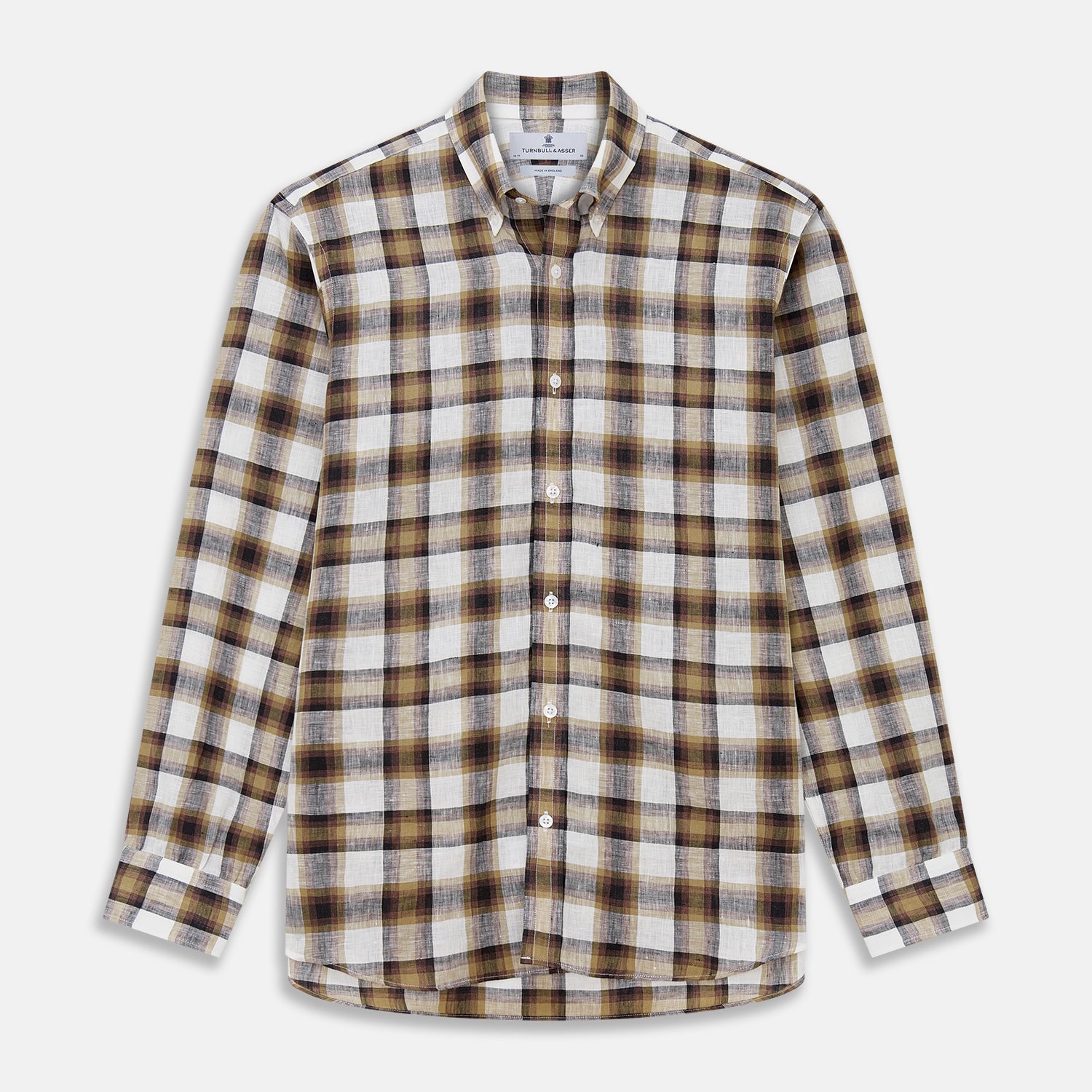 View 1 of product The Turnbull & Asser Brown Multi Check Linen Weekend Fit Hayne Shirt is a long-sleeve, button-up with a Dorset collar and buttoned cuffs, shown flat on a white background. It features a classic plaid pattern.