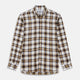 The Turnbull & Asser Brown Multi Check Linen Weekend Fit Hayne Shirt is a long-sleeve, button-up with a Dorset collar and buttoned cuffs, shown flat on a white background. It features a classic plaid pattern.