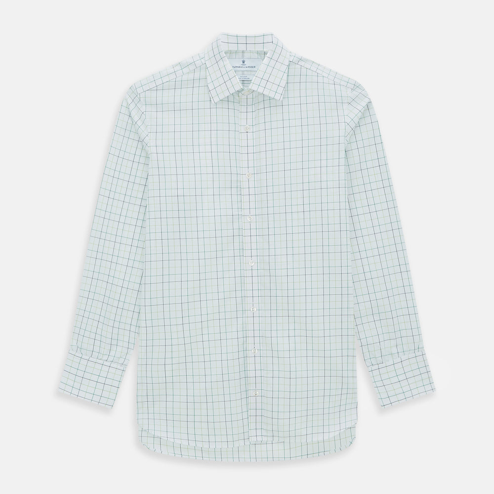 The Turnbull & Asser Dark Green Grid Check Mayfair Shirt features a white base with blue and dark green checks, a classic T&A collar, buttoned cuffs, and a Mayfair fit. The long-sleeve shirt is shown laid flat on a white background.