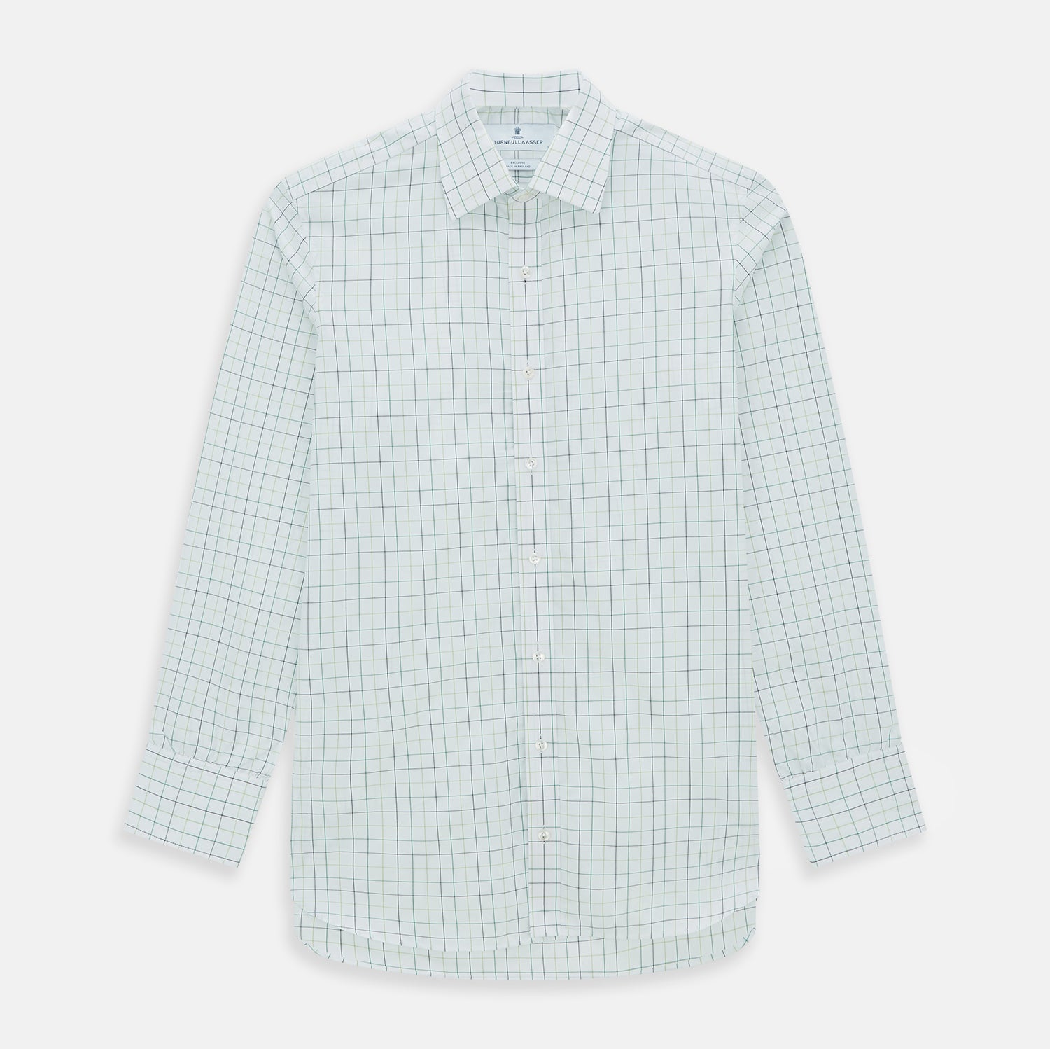 View 1 of product The Turnbull & Asser Dark Green Grid Check Mayfair Shirt features a white base with blue and dark green checks, a classic T&A collar, buttoned cuffs, and a Mayfair fit. The long-sleeve shirt is shown laid flat on a white background.