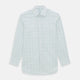 The Turnbull & Asser Dark Green Grid Check Mayfair Shirt features a white base with blue and dark green checks, a classic T&A collar, buttoned cuffs, and a Mayfair fit. The long-sleeve shirt is shown laid flat on a white background.