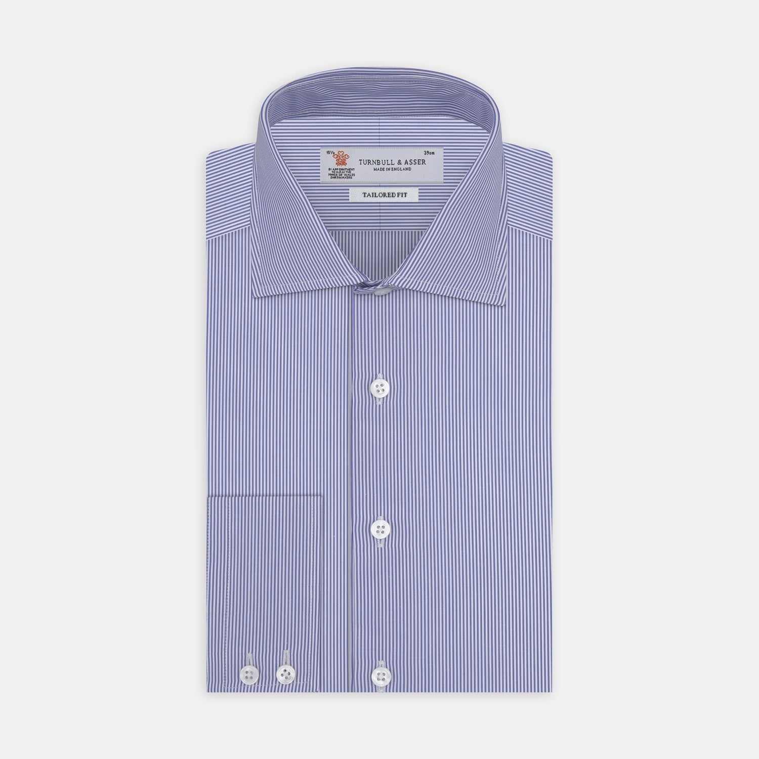 View 1 of product The Turnbull & Asser Tailored Fit Blue Fine Bengal Stripe Shirt features a Kent collar, 2-button cuffs, and is displayed neatly folded on a white background.