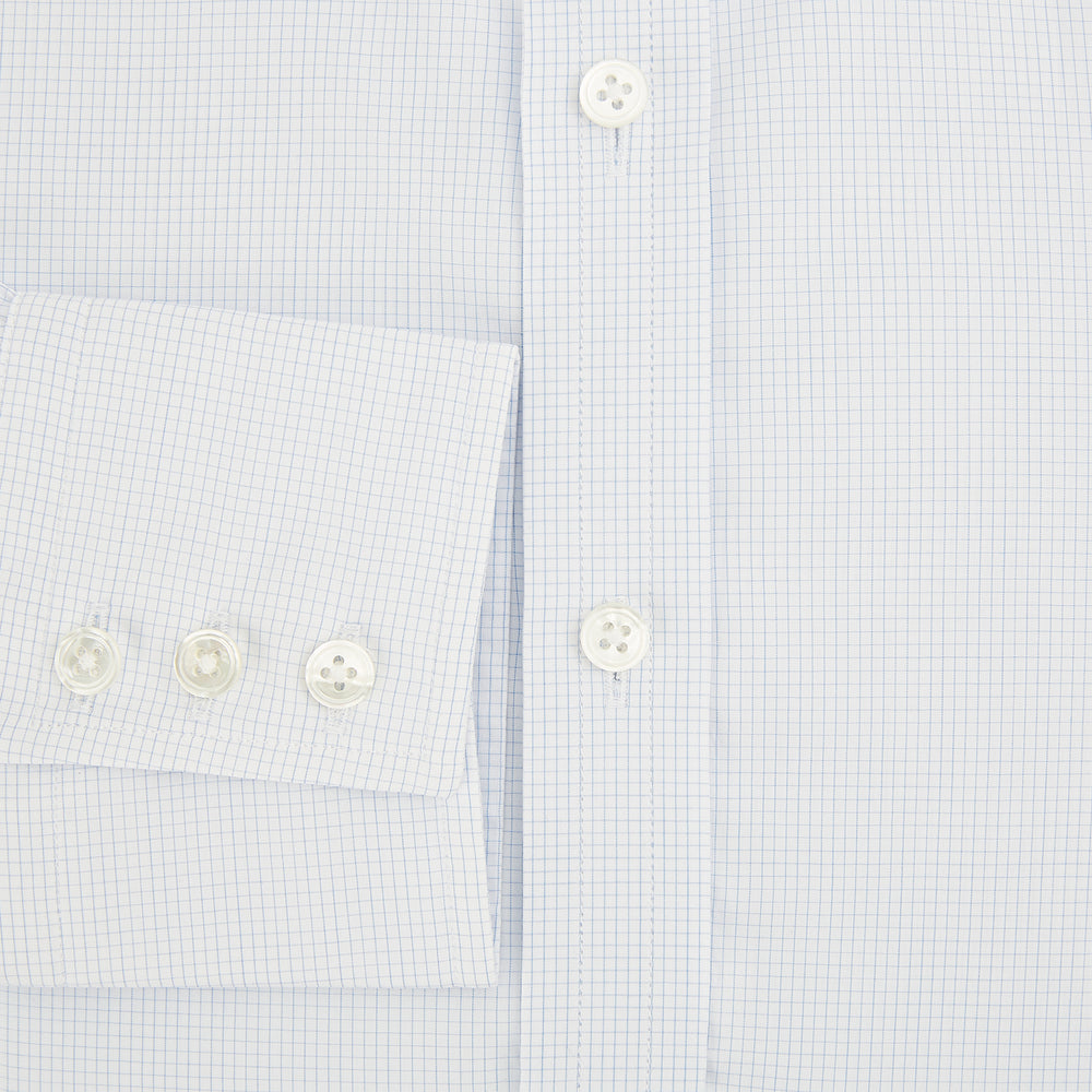 The Turnbull & Asser Blue and White Micro Check Mayfair Shirt features a pointed collar and white buttons, shown flat against a white background.